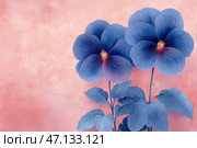 Elegant blue flowers with detailed texture of petals and leaves, executed in an artistic style with watercolor or digital effects. The background of a soft pink shade with light textural transitions creates a harmonious contrast with the rich blue color of the flowers. The flowers radiate tenderness and grace, and their center is decorated with yellow stamens that add warm notes to the overall color palette. Стоковое AI-изображение, AI-художник Анна Кривицкая / Фотобанк Лори