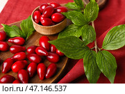 Деревянная доска и миска со спелыми красными ягодами и листьями кизила на фоне ткани, крупным планом. Стоковое фото, фотограф Pixel_shot / Фотобанк Лори