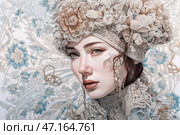 A young girl with expressive blue eyes and delicate features, dressed in a luxurious headdress decorated with complex patterns, flowers and lace. Her headdress is made in the form of an elaborately embroidered kokoshnik with voluminous decorative elements reminiscent of plant motifs. The background is covered with a refined ornament with soft blue and beige shades, harmoniously complementing the overall composition. The girl's gaze is thoughtful, conveying a sense of mystery and elegance. The atmosphere of the image is inspired by historical and ethnic style, creating a sense of connection with cultural heritage. Стоковое AI-изображение, AI-художник Анна Кривицкая / Фотобанк Лори