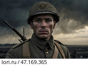 Portrait of a soldier of the 1st World War on the battlefield. Стоковое AI-изображение, AI-художник Александр Поташев / Фотобанк Лори