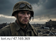 Portrait of a soldier of the 1st World War on the battlefield. Стоковое AI-изображение, AI-художник Александр Поташев / Фотобанк Лори