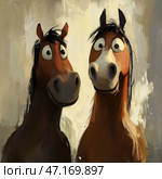 A funny and expressive image of two cartoon horses, done in the style of caricature painting. The horses have exaggerated features: large round eyes, elongated muzzles and slightly disheveled black manes, which gives them a comical and friendly expression. One of them has a white mark on the muzzle, and the other is completely dark brown. The background is abstract, with warm and neutral brushstrokes, which creates the effect of traditional oil painting. The atmosphere of the image is cheerful and playful. Стоковое AI-изображение, AI-художник Анна Кривицкая / Фотобанк Лори