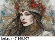 An exquisite portrait of a young woman wearing a traditional headdress decorated with intricate patterns, precious stones, pearls and flowers. Her expressive blue eyes and refined facial features emphasize her aristocracy and mystery. Her long dark hair flutters, creating the effect of movement. The entire composition is richly detailed - from the magnificent kokoshnik to the embroidered patterns on the clothes. The background is made in delicate pastel shades with elements of flora, fantasy ornaments and symbolic images, which creates a sense of fairy tale and mythology. Стоковое AI-изображение, AI-художник Анна Кривицкая / Фотобанк Лори