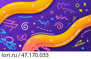 Abstract children background that sets cheerful mood. Funny bright lines and squiggles on purple surface. Стоковое AI-изображение, AI-художник Ирина / Фотобанк Лори