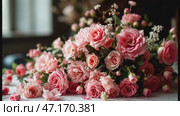 romantic setting enhanced by beautiful pink flower arrangement on wedding table, romantic colors adding charm, romantic design admired globally, romantic floral art inspiring creativity. Стоковое AI-видео, аниматор Анна Маркина / Фотобанк Лори