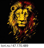 A powerful and majestic lion in a stylized graphic design. Its face is made in yellow and red tones with sharp brushstrokes, creating the effect of movement and strength. The mane is painted in a combination of fiery red and gold shades, emphasizing the wild and formidable character of the animal. The black background enhances the contrast, making the image even more spectacular and dynamic. The lion looks straight ahead, his gaze is piercing, confident and symbolizes strength, leadership and fearlessness. Стоковое AI-изображение, AI-художник Анна Кривицкая / Фотобанк Лори