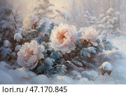 A snowy winter landscape where delicate white and pink peonies bloom among fluffy snow. Their petals look fragile, but retain their beauty despite the frosty atmosphere. Snow lies on the leaves and stems of plants, creating a contrast between the cold winter and the living blossoms. The background is soft, blurred, with silhouettes of trees shrouded in frost. Warm light breaking through the winter haze creates a feeling of coziness, magic and tranquility. The picture resembles a fairy-tale illustration or a romantic winter composition. Стоковое AI-изображение, AI-художник Анна Кривицкая / Фотобанк Лори
