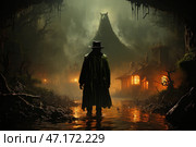 A dark and atmospheric image in the genre of gothic horror or dark fantasy. In the center of the scene is the figure of a mysterious hunter or wanderer in a long cloak and hat, standing in shallow water. His back is turned to the viewer, and in front of him lies an eerie forest with dark, twisting trees.In the distance, the lights of old houses burn, creating a sense of coziness, but also anxiety, as if these were the last strongholds of safety in this gloomy place. The main threat is hidden in the thick fog - a giant figure of a werewolf or spirit beast rises above the forest, ominously watching the traveler.The composition is filled with tension, fear of the unknown and a sense of impending danger. Deep shadows, swampy terrain, reflected light in the water and a thick atmosphere of fog give the scene a cinematic effect. The picture refers to mystical legends, gothic stories and monster hunters. Стоковое AI-изображение, AI-художник Анна Кривицкая / Фотобанк Лори