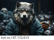 An anthropomorphic wolf dressed in a warm winter jacket with a hood and clothes with handcrafted elements. His gaze is piercing, filled with strength and wisdom, creating the feeling of a character from a dark, post-apocalyptic or fantasy story.The background is dark and mysterious, with metal objects or helmets creating the atmosphere of an industrial, possibly post-apocalyptic world. The visual style resembles a combination of realism and dark fantasy, emphasizing the depth of the character. This image can be interpreted as a metaphor for wildness in a civilized world or as a reflection of inner strength and independence. Стоковое AI-изображение, AI-художник Анна Кривицкая / Фотобанк Лори