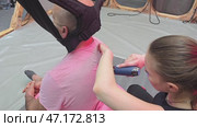 Physiotherapist using vibrating massage gun on patient's back. Стоковое видео, видеограф Юрий Поздников / Фотобанк Лори