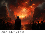 A dark, dramatic scene of rebellion or war. In the center stands the figure of a commander in a long military coat and cap, looking out over a city engulfed in flames. His back is turned to the viewer, which adds tension and mystery to the scene. Around him is a crowd of armed men, ready for battle, with swords and flags. The city ruins are drowning in smoke, and above them the sky is blazing, filled with fiery red clouds and flying charred leaves or shreds of fabric.This scene is reminiscent of the moment before the final battle or the culmination of a revolution, where the fate of a city or an entire nation is decided in a fury of fire and destruction. The color scheme is dark shades with dominant red-orange tones, creating an apocalyptic atmosphere. Стоковое AI-изображение, AI-художник Анна Кривицкая / Фотобанк Лори