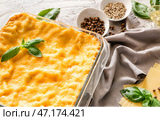 Форма для выпечки с подготовленной лазаньей на сером фоне. Стоковое фото, фотограф Pixel_shot / Фотобанк Лори