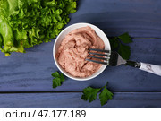 Чаша вкусного паштета, петрушки и салата на цветном деревянном фоне. Стоковое фото, фотограф Pixel_shot / Фотобанк Лори