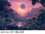 A view of a potentially habitable exoplanet with lush vegetation, alien flora and a distant view of a neighboring planet. Стоковое AI-изображение, AI-художник Алексей Кузнецов / Фотобанк Лори