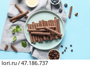 Композиция с вкусными шоколадными вафельными трубочками, черникой, кофейными зернами, сгущенным молоком и мятой на синем фоне. Стоковое фото, фотограф Pixel_shot / Фотобанк Лори