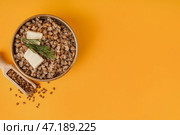 Тарелка вкусной гречневой каши с маслом, укропом и зернышками на желтом фоне. Стоковое фото, фотограф Pixel_shot / Фотобанк Лори