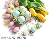 Композиция с крашеными пасхальными яйцами и цветами на белом фоне. Стоковое фото, фотограф Pixel_shot / Фотобанк Лори