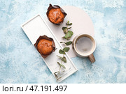 Композиция со свежесваренным кофе на цветном фоне. Стоковое фото, фотограф Pixel_shot / Фотобанк Лори