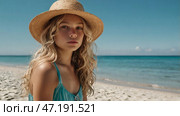 A woman on vacation, sitting in a swimsuit and a wide-brimmed straw hat on the beach on a sunny day and looking at the sea. Стоковое AI-изображение, AI-художник Photojuli / Фотобанк Лори