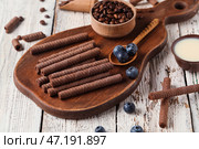 Доска с вкусными шоколадными вафельными трубочками, кофейными зернами, сгущенным молоком и черникой на белом деревянном фоне. Стоковое фото, фотограф Pixel_shot / Фотобанк Лори
