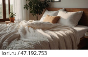 The interior of a modern house. A minimalistic cozy beige bedroom interior with a plaid, pillows, a headboard, linen linens and a bedside table. Стоковое AI-изображение, AI-художник Photojuli / Фотобанк Лори