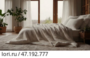 The interior of a modern house. A minimalistic cozy beige bedroom interior with a plaid, pillows, a headboard, linen linens and a bedside table. Стоковое AI-изображение, AI-художник Photojuli / Фотобанк Лори