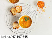 Тарелка вкусного чечевичного супа на столе. Стоковое фото, фотограф Pixel_shot / Фотобанк Лори