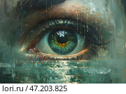 An artistic, surreal or fantastical image of a human eye, executed in a painterly manner. The eye has an expressive, hypnotic look, with a green tint of the iris, surrounded by gold and orange flashes. A certain silhouette or window is reflected in the center of the pupil, creating a sense of depth and mystery. Abstract elements appear around the eye - drops, streaks, cracks and textures, reminiscent of an old painting or the effect of corrosion. The color palette is sustained in green-turquoise, gold and rusty shades. Стоковое AI-изображение, AI-художник Анна Кривицкая / Фотобанк Лори