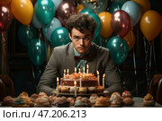 A young man sitting at a festive table with a cake decorated with candles and many cupcakes. His gaze expresses slight confusion, excitement or even ironic bewilderment. He is dressed in an elegant jacket with a bow tie, creating the image of a sophisticated gentleman. Around him are many multi-colored balloons - gold, turquoise, bronze and blue, creating an atmosphere of celebration. However, against the background of bright decor and sweets, his facial expression creates an unusual contrast, as if the holiday took him by surprise or he has a complex attitude towards this event. Стоковое AI-изображение, AI-художник Анна Кривицкая / Фотобанк Лори