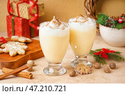 Стаканы вкусного коктейля из гоголя-моголь, рождественское печенье и специи на цветном фоне. Стоковое фото, фотограф Pixel_shot / Фотобанк Лори