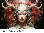 A futuristic and cyber-mythological portrait of a mysterious female deity or cybernetic goddess. Her face is perfectly symmetrical, with smooth porcelain skin, accentuated by pink-red eye shadow and a piercing gaze.She is adorned with an intricate headdress consisting of intertwined mechanical parts, organic elements and flowers. Enormous antlers, similar to those of a deer or a bull, are complemented by metal structures and intricate details, which creates a sense of the fusion of nature and technology. Red flowers, reminiscent of poppies or peonies, seem to be intertwined with her hair, wires and mechanisms.The background is dark, which emphasizes the contrast between the mechanical and living elements of her image. The necklace and cables implanted in the skin reinforce the cybernetic and biomechanical style of the work. Overall, the image looks like a combination of cyberpunk, baroque and futuristic art, creating the image of a powerful digital deity or queen of the mechanical world. Стоковое AI-изображение, AI-художник Анна Кривицкая / Фотобанк Лори