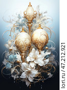 In a luxurious style combining elements of Art Nouveau, Baroque and fantastic art. In the center of the composition are three golden decorative columns crowned with pearl-white spherical domes with exquisite patterns. They resemble royal scepters, architectural elements or fairy-tale lanterns surrounded by ornate golden lines.Around the central elements, graceful white flowers bloom, symbolizing purity and sophistication. Their petals are detailed, as if covered with fragile drops of dew. The composition is complemented by bluish leaves and golden curls, creating an effect of airiness and harmony.The background is made in a gradient of blue and black shades, emphasizing the shine of the golden details. The overall atmosphere of the image combines nobility, grace and a sense of mystical energy, reminiscent of magical objects from myths and legends. Стоковое AI-изображение, AI-художник Анна Кривицкая / Фотобанк Лори