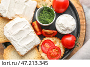 Тарелка с сухарями, крекерами, сливочным сыром, помидорами и укропом, крупным планом. Стоковое фото, фотограф Pixel_shot / Фотобанк Лори