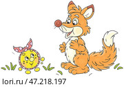 Sly red fox and a trusting freshly baked round loaf Kolobok talking on a path in a summer forest, vector cartoon illustration on a white background. Стоковая иллюстрация, иллюстратор Alexey Bannykh / Фотобанк Лори