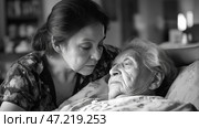 Nurse providing care and support to elderly bedridden patient in a calm and intimate setting. Медсестра обеспечивает уход и поддержку пожилому лежачему пациенту в спокойной и доверительной обстановке. Стоковое AI-изображение, AI-художник Katsiaryna Repich / Фотобанк Лори
