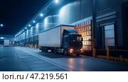 Loading cargo onto a truck at a distribution center during nighttime operations. Грузовик загружается товарами в распределительном центре, освещенном яркими огнями. Работники эффективно обрабатывают посылки в поздние вечерние часы. Стоковое AI-изображение, AI-художник Katsiaryna Repich / Фотобанк Лори