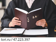 Женщина-судья с юридической книгой за столом в офисе, крупным планом. Стоковое фото, фотограф Pixel_shot / Фотобанк Лори