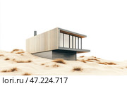 A modern minimalist house located among sand dunes. The house is made in the style of modern architecture, with clear geometric lines, large panoramic windows and a combination of natural wood and concrete in the cladding. The building is slightly raised above the ground, which creates the effect of lightness and protection from natural conditions. The atmosphere emphasizes privacy, natural harmony and architectural aesthetics. Стоковое AI-изображение, AI-художник Анна Кривицкая / Фотобанк Лори