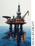Буровая платформа для бурения скважин в море. Добыча нефти и газа на морском шельфе. Drilling platform for drilling wells in the sea. Oil and gas production on the sea shelf. Стоковое AI-изображение, AI-художник Гер Олег / Фотобанк Лори