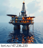 Буровая платформа для бурения скважин в море. Добыча нефти и газа на морском шельфе. Drilling platform for drilling wells in the sea. Oil and gas production on the sea shelf. Стоковое AI-изображение, AI-художник Гер Олег / Фотобанк Лори