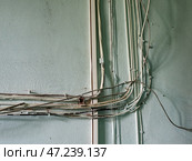 Старая электропроводка в подъезде жилого дома. Old electrical wiring in the entrance of an apartment building. Стоковое фото, фотограф Евгений Романов / Фотобанк Лори