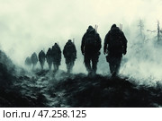 A squad of soldiers or special forces moving across a dark, foggy battlefield. The figures of the fighters are dressed in heavy military gear, with backpacks and weapons on their backs. Their silhouettes dissolve in the thick fog, creating an atmosphere of mystery and danger. The color scheme is dominated by dark, monochrome shades, conveying a harsh, post-apocalyptic or military aesthetic. The picture evokes a sense of the unknown, threat or preparation for an important mission. This could be a squad of scouts, special forces, survivors of a post-disaster world or even soldiers from an alternate future. Стоковое AI-изображение, AI-художник Анна Кривицкая / Фотобанк Лори