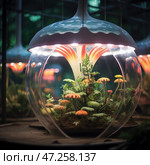A futuristic biosphere resembling a terrarium or mini-ecosystem in a transparent glass capsule. Inside the capsule grow unusual plants and mushrooms with bright orange caps, surrounded by moss and ferns. The lamp at the top of the structure imitates the sun and emits a soft, warm glow, creating the atmosphere of a scientific laboratory or an experimental greenhouse complex.Perhaps this is an experiment in creating an artificial ecosystem designed to study biology in isolated environments or even in space. Other similar capsules are visible in the distance, which creates the impression of a scientific center of the future. Стоковое AI-изображение, AI-художник Анна Кривицкая / Фотобанк Лори