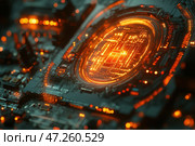 A high-tech electronic circuit reminiscent of a future processor or artificial intelligence. The central element of the composition is a brightly glowing microchip, which is surrounded by complex printed conductors and components. The glowing orange-amber lines convey a sense of digital energy, data flow and computing processes.The futuristic aesthetic of the image is reminiscent of cyberpunk or science fiction, creating the impression of an ultra-advanced technology, perhaps a quantum computer or an AI system. The image symbolizes the development of the digital world, machine intelligence and computing power of the future. Стоковое AI-изображение, AI-художник Анна Кривицкая / Фотобанк Лори