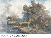 A fantasy mountainous area with oriental architecture reminiscent of ancient Chinese or Japanese temples. Buildings with characteristic multi-tiered roofs are located on rocky cliffs. Waterfalls flow down from the hills, adding dynamism and freshness to the picture. The distant mountains are shrouded in mist, creating depth and a mystical atmosphere. Travelers dressed in traditional robes, probably monks or wanderers, walk along the path leading up to the temple. The artistic style is reminiscent of old Chinese prints or watercolor landscapes with fine lines and a soft color palette. Стоковое AI-изображение, AI-художник Анна Кривицкая / Фотобанк Лори