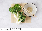 Свежая капуста пак-чой и миска кунжута на светлом фоне. Стоковое фото, фотограф Pixel_shot / Фотобанк Лори