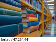 Stack of books on the table in library. Education and learning concept. Стопка книг на столе в библиотеке. Концепция образования и обучения. Стоковое AI-изображение, AI-художник Katsiaryna Repich / Фотобанк Лори
