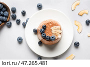 Тарелка с вкусным шоколадным пудингом, кусочками кокоса и черникой на белом фоне. Стоковое фото, фотограф Pixel_shot / Фотобанк Лори