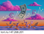 Сюрреалистическая сцена с падающей банкнотой, плавающими монетами и графиками валют, создающими атмосферу инфляции и финансовых колебаний. Стоковое AI-изображение, AI-художник Сергей Никифоров-Гордеев / Фотобанк Лори