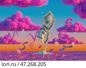 Сюрреалистическая композиция с падающей банкнотой, монетами и облаками, олицетворяющими концепцию шкринфляции и финансовые потоки. Стоковое AI-изображение, AI-художник Сергей Никифоров-Гордеев / Фотобанк Лори